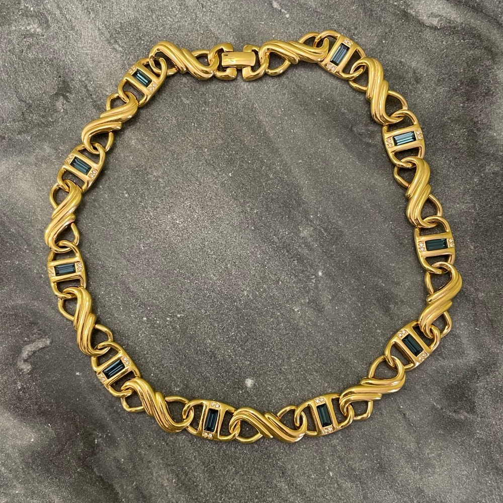 Vintage Swarovski Crystal Blue Baguette Gold Link Necklace